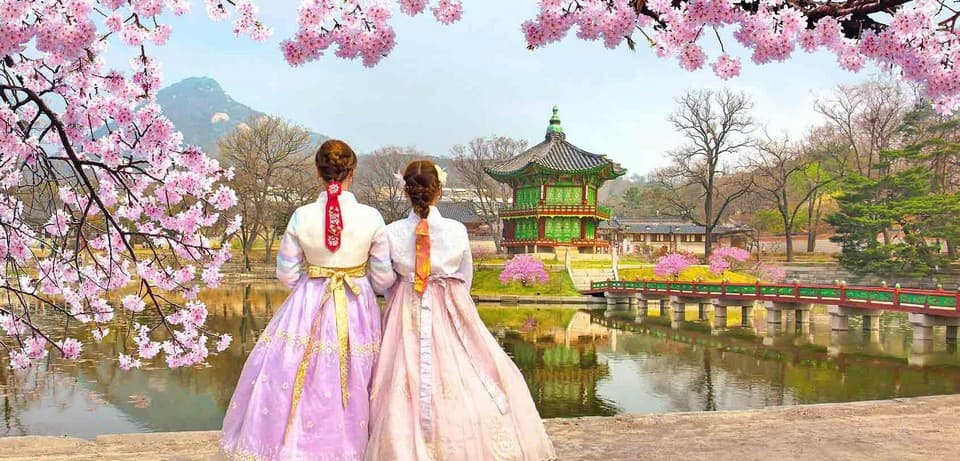 Mọi người trong trang phục hanbok truyền thống của Hàn Quốc tại Cung điện Cảnh Phúc Du lịch Hàn Quốc ngắm hoa đào