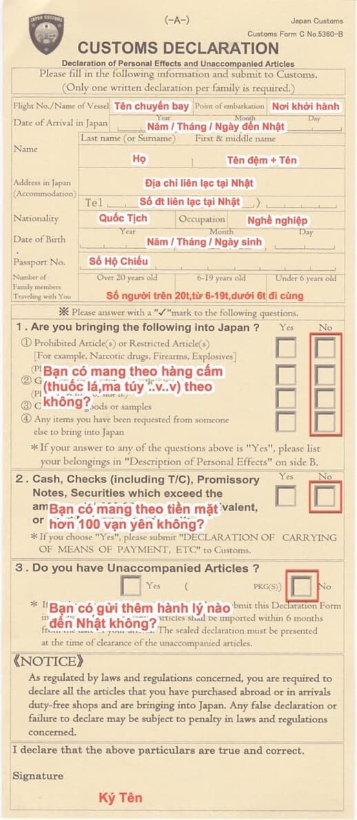 Thủ tục nhập cảnh Nhật Bản - Tờ khai hải quan