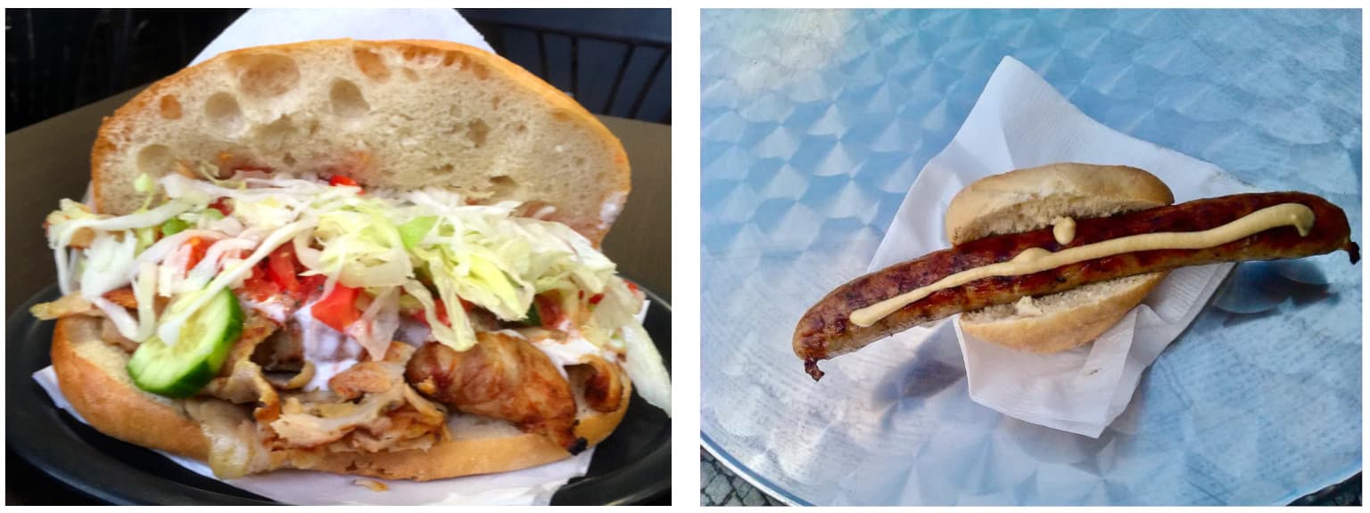 Bánh mì kebab (trái) - Bratwurst (phải) là những món ăn đường phố khá phổ biến ở Đức, giá rẻ