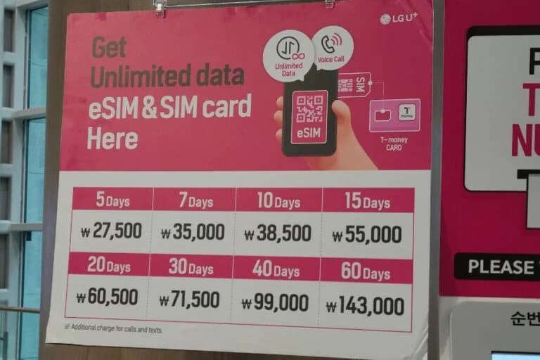Giá SIM U+ và eSIM của LG tại Sân bay Incheon