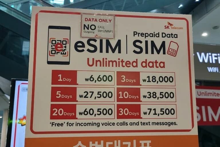 Giá SIM và eSIM của SK Telecom tại Sân bay Incheon