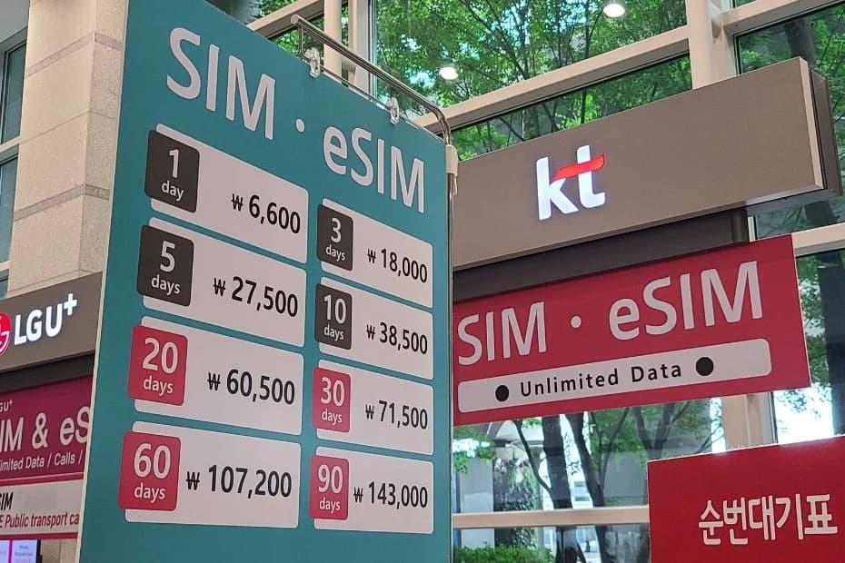 Giá SIM và eSIM của KT Olleh tại Sân bay Incheon