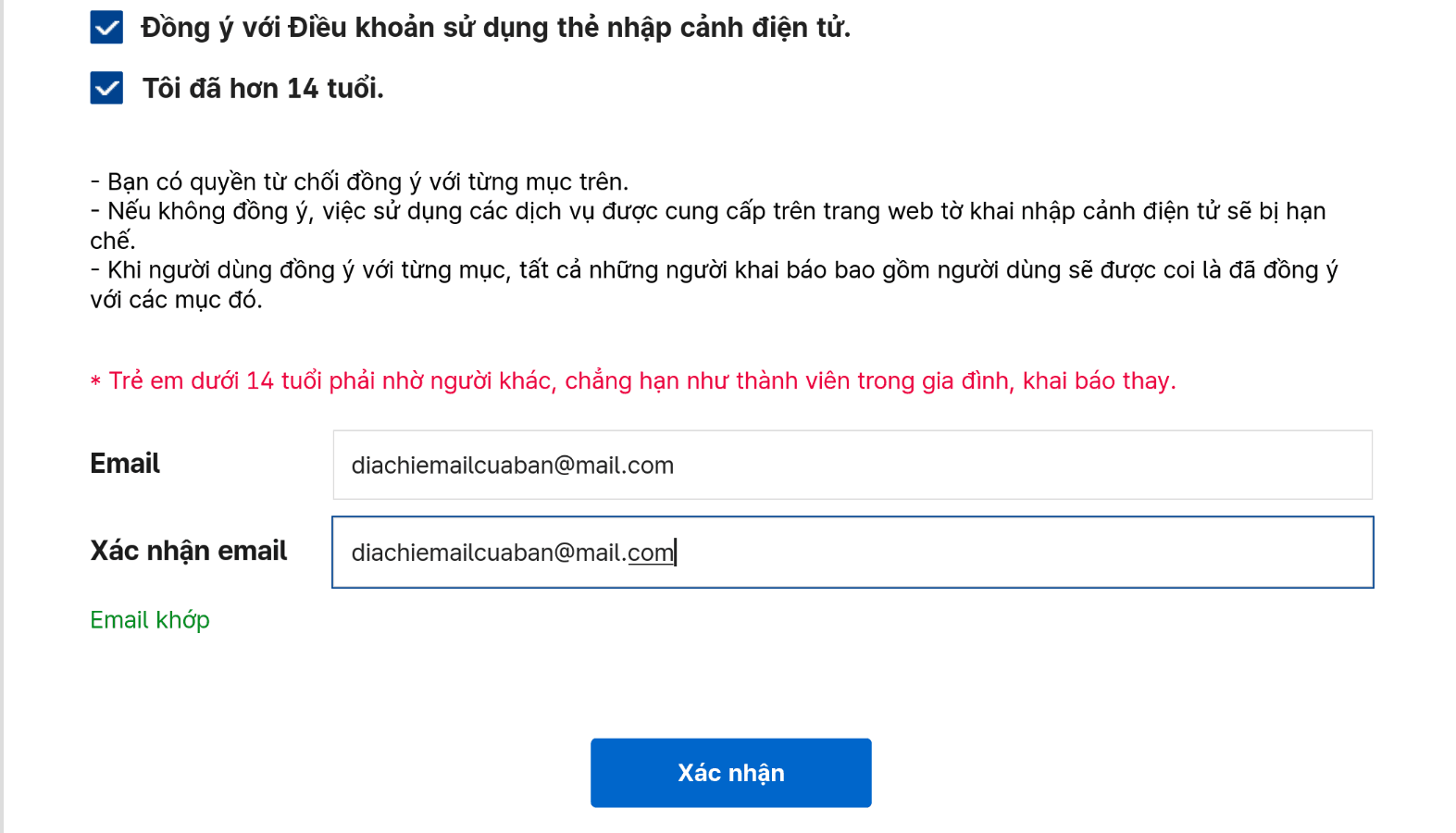 Giao diện trang web e-Arrival Card Hàn Quốc-Điền email