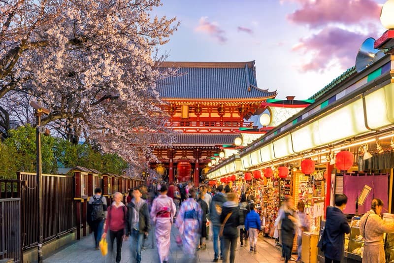 Du khách tại phố mua sắm ở Asakusa kết nối với Chùa Sensoji với cây anh đào vào mùa xuân, Tokyo, Nhật Bản Du khách tại phố mua sắm ở Asakusa kết nối với Chùa Sensoji với cây anh đào vào mùa xuân, Tokyo, Nhật Bản